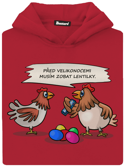 Slepice před Velikonocemi dětská mikina klokanka Fire Red