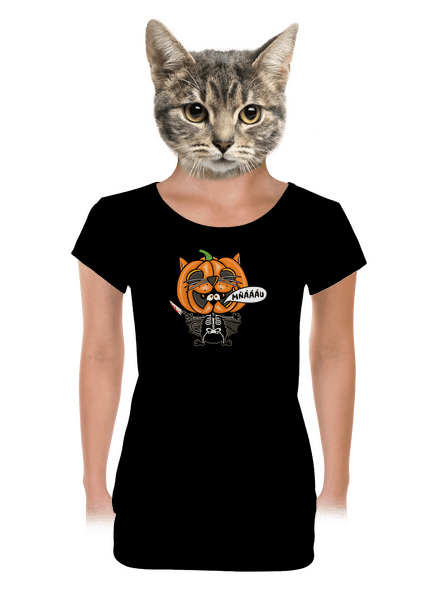 Halloweenská kočička dámské tričko s lemem Black