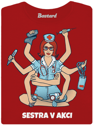 Sestra v akci dámské tričko s lemem Red Mal