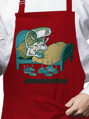 Korunavirus v posteli zástěra Red