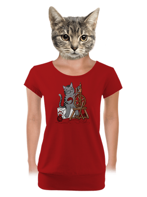 Kočka přede dámské tričko s lemem Red Mal